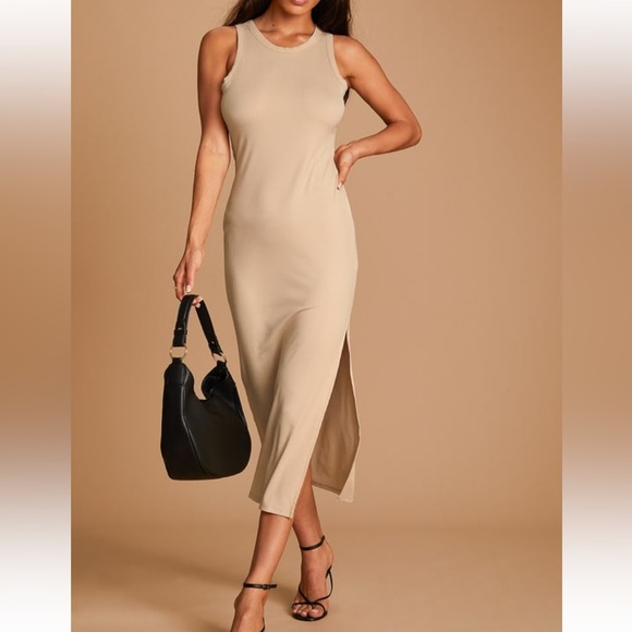 Lulu’s Simply Wonderful Tan Ribbed Bodycon Midi Dress - Picture 3 of 8